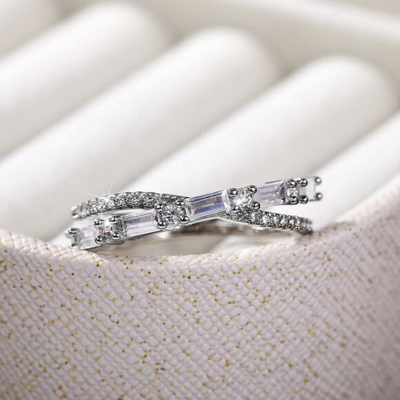 ▶Fashion Party Two Lines Cross CZ Anillos Trendy Silver Rings for Women, L231 - Picture 5 of 8